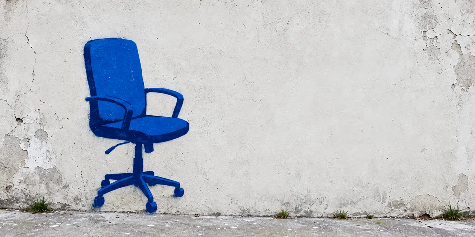 Conceptual mural of a single blue boardroom chair.