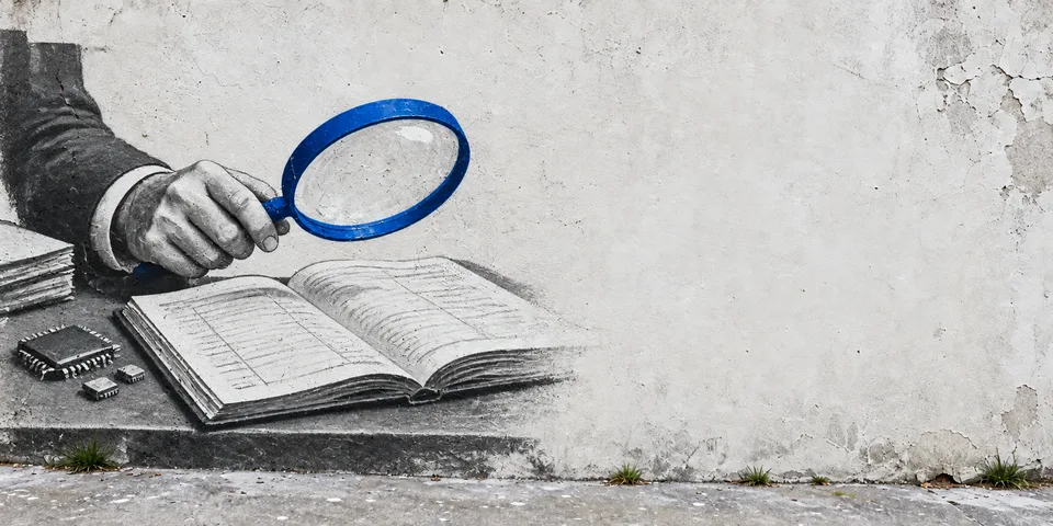 Conceptual mural of an auditor inspecting a ledger through a blue lens, with electronic components beside it.