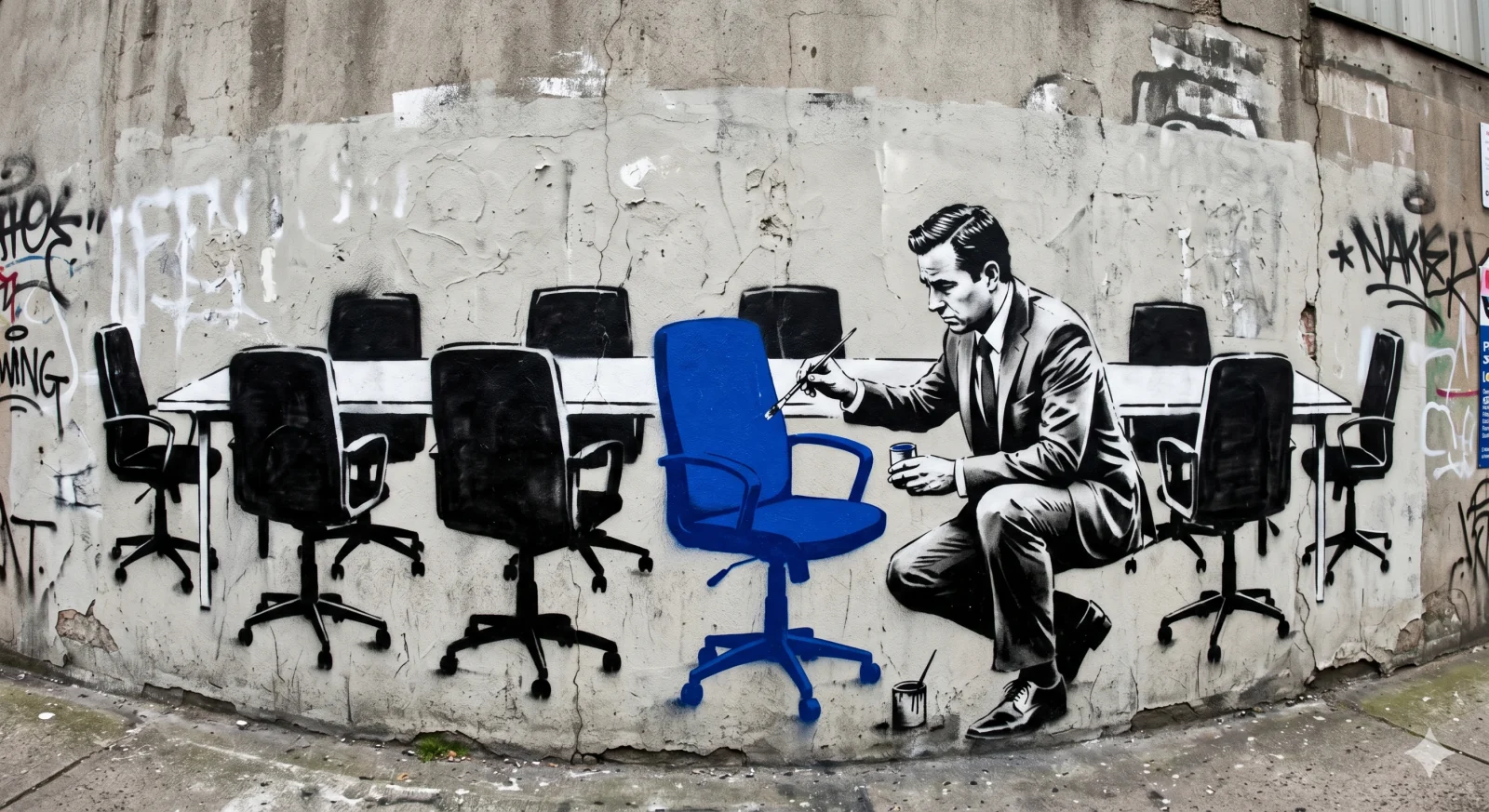 Conceptual illustration of a man painting one boardroom chair blue among otherwise black chairs