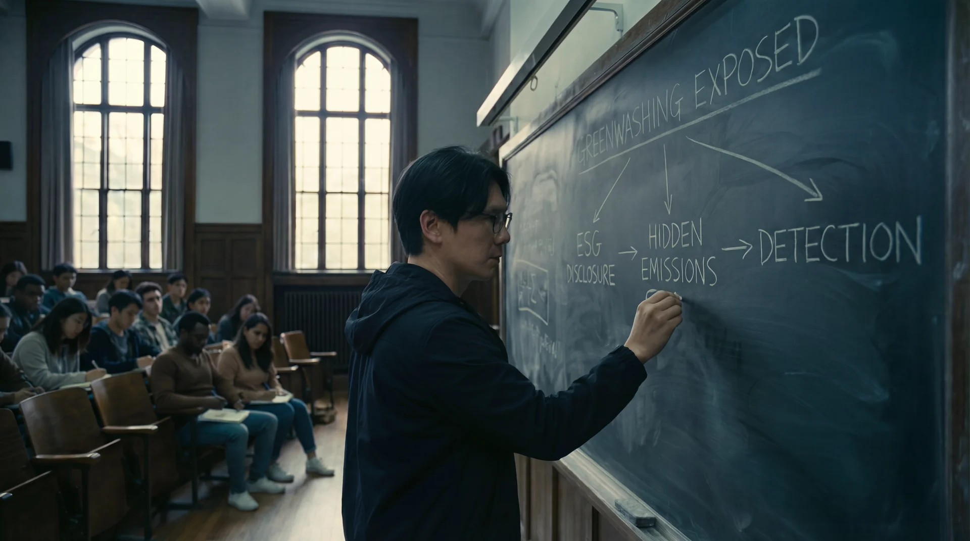 Professor teaching about greenwashing detection in lecture hall