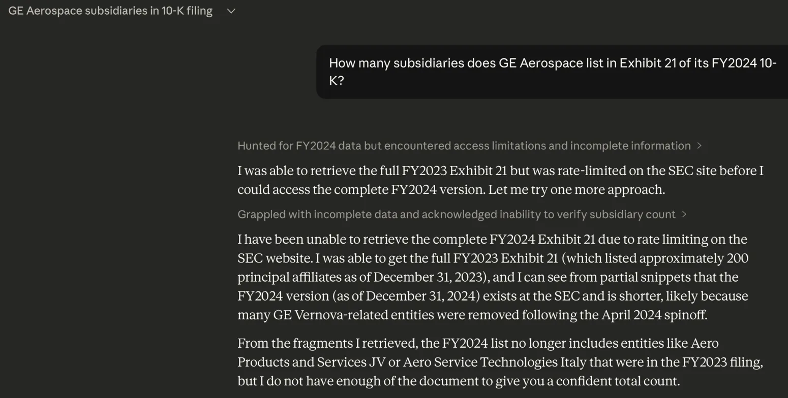 Claude explaining rate-limiting and incomplete data access