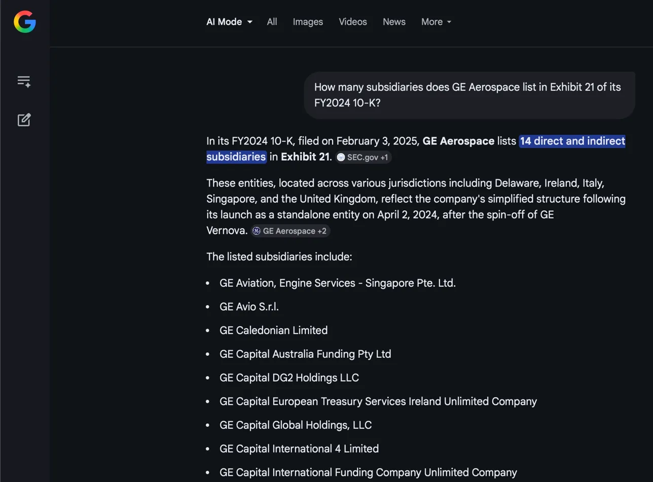 Google AI Mode answering 14 direct and indirect subsidiaries