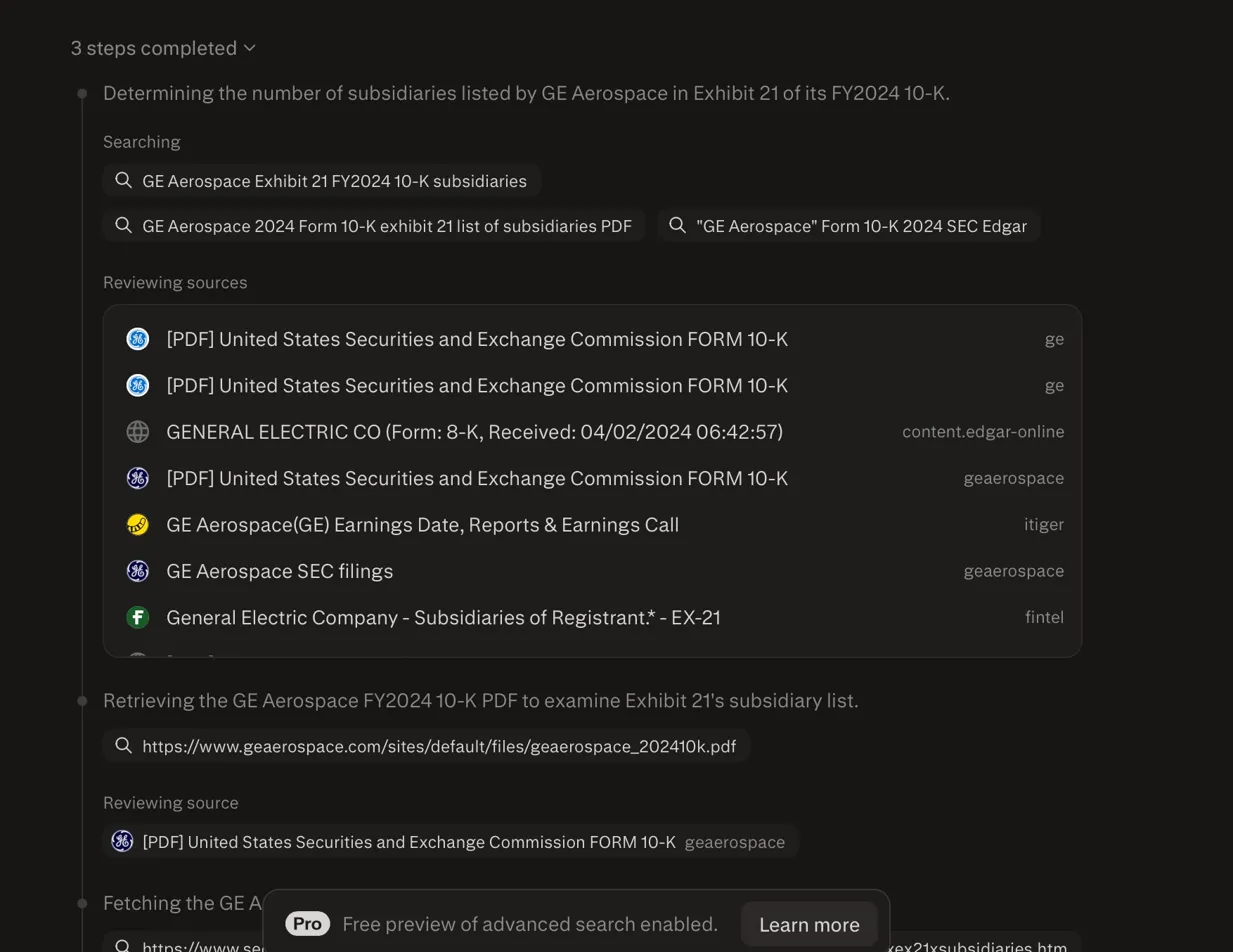 Perplexity retrieval log showing 3 steps completed across 7+ sources